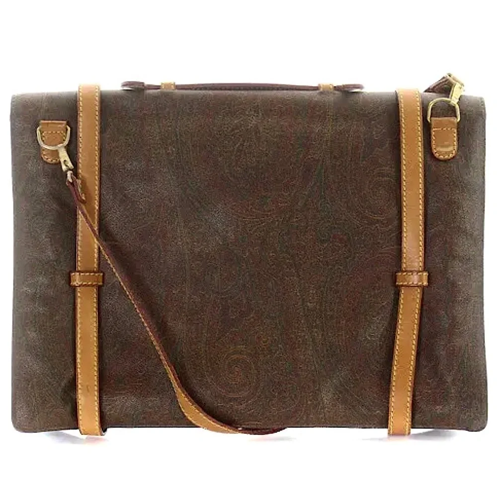 ETRO MILANO Paisley Document Holder Crossbody Messenger Bag Vachetta Leather